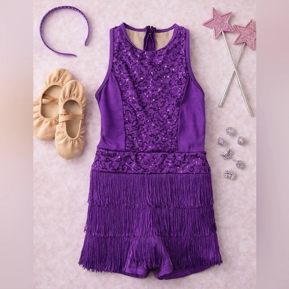 Weissman Purple Sequin Fringe Dance Costume Jazz Tap Comp Leotard Child